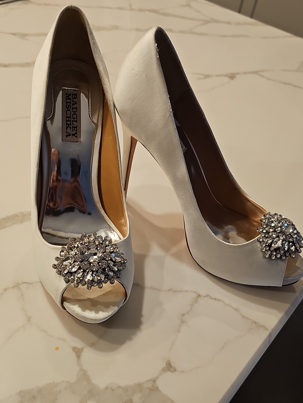Badgley Mischka White Satin Peep-Toe Heels with Crystal Brooch